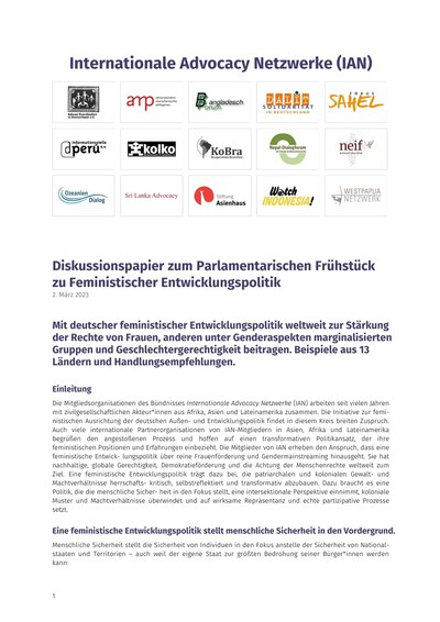 Internationale Advocacy Netzwerke (IAN): Diskussionspapier zum Parlamentarischen Frühstück zu Feministischer Entwicklungspolitik