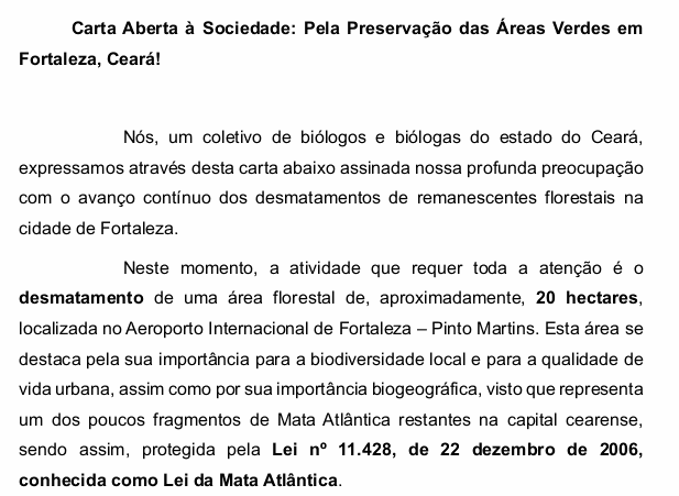 Betreff FRAPORT in Fortaleza: Offener Brief an die Gesellschaft: Für den Schutz von Grünﬂächen in Fortaleza, Ceará!