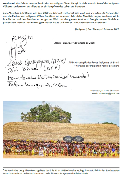 Manifest von Piaraçu - der indigenen Leitungspersonen und Kaziken in Piaraçu