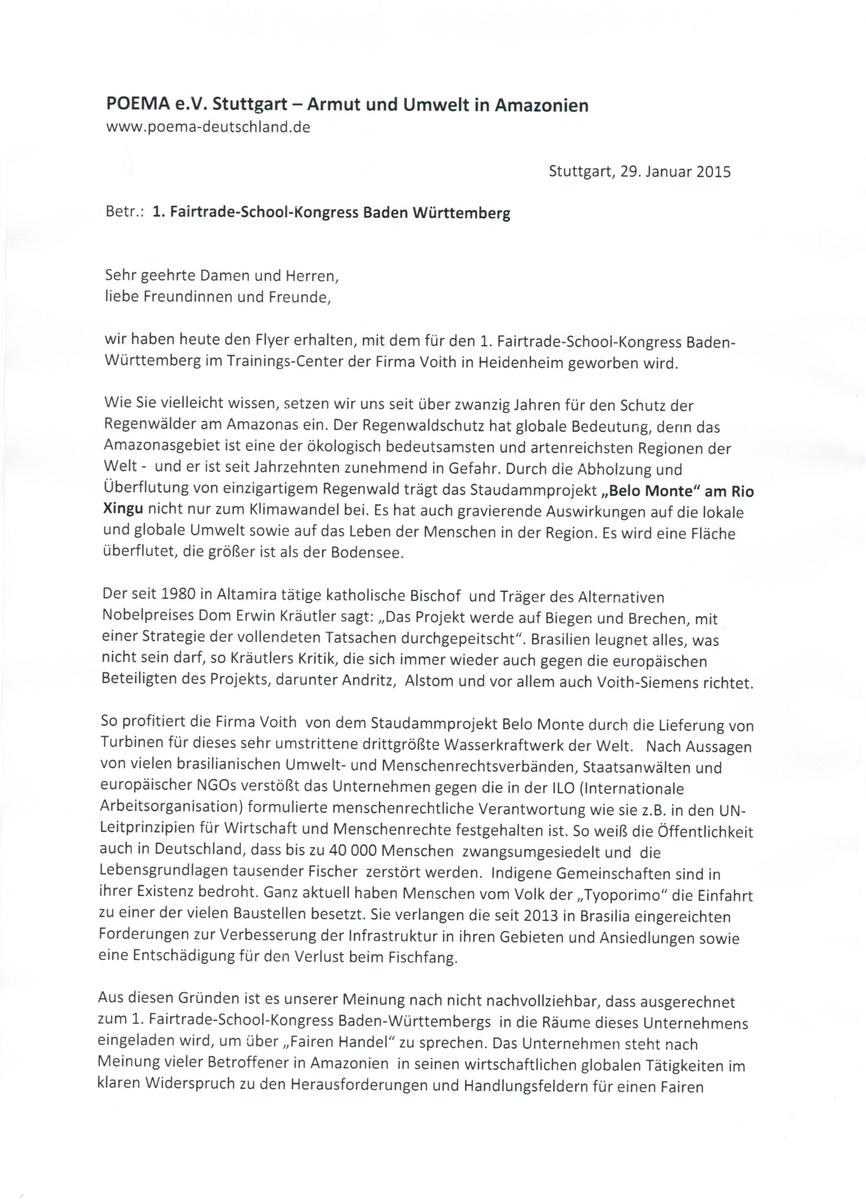 Protestbrief an die Orga des 1. Fairtrade-School-Kongress Baden Württemberg