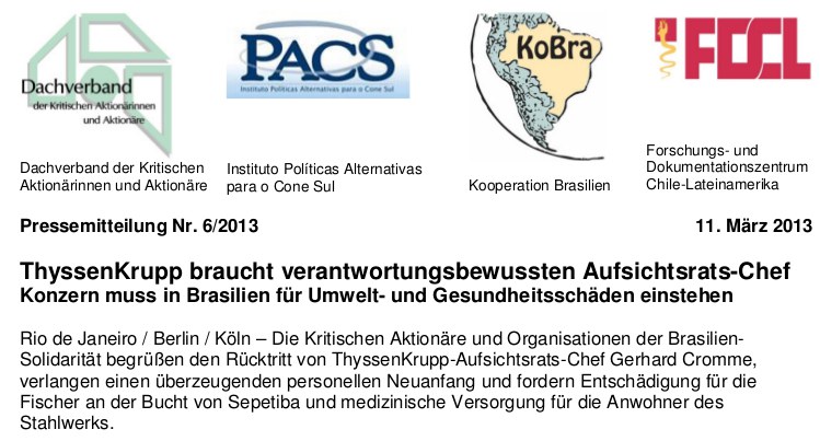 PM: ThyssenKrupp muss in Brasilien für Umwelt- und Gesundheitsschäden einstehen
