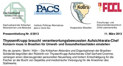 PM: ThyssenKrupp muss in Brasilien für Umwelt- und Gesundheitsschäden einstehen